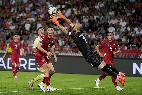 2024-25 Nations League Football Serbia vs Spain: Serbia's goalkeeper Predrag Rajkovic catches the ball